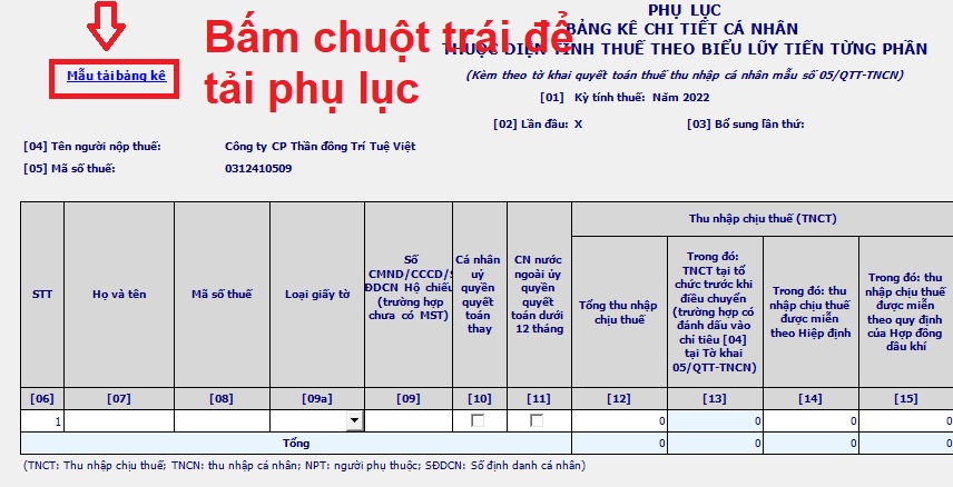 Cách tải bảng kê Excel vào HTKK