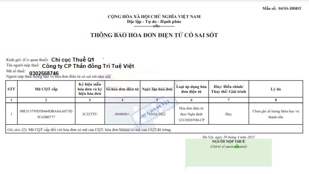 Mẫu 04/SS-HĐĐT thông báo hóa đơn điện tử có sai sót.