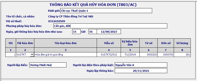 hồ sơ hủy hóa đơn giấy