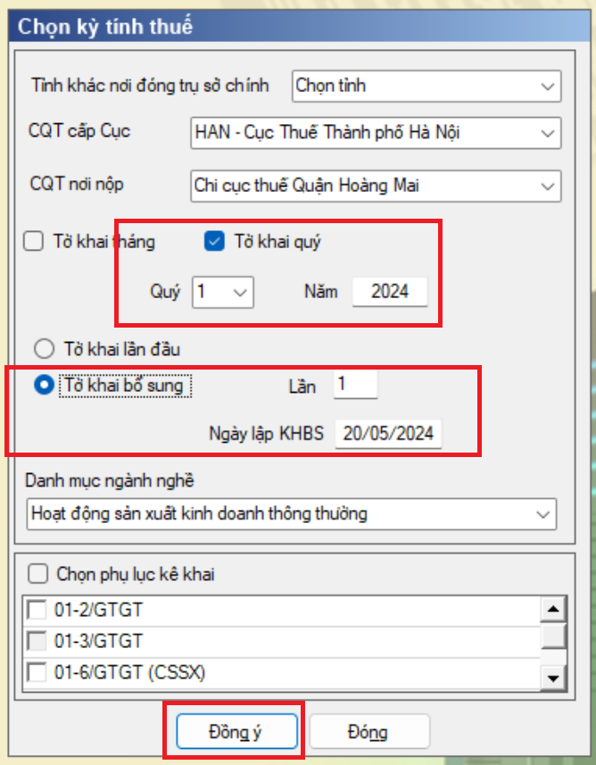 Chọn kỳ khai bổ sung điều chỉnh tờ khai thuế GTGT